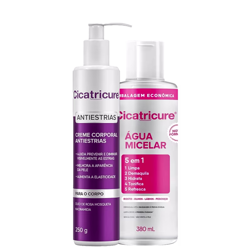 Cicatricure Antiestrias Creme Corporal 250g e Água Micelar 5 em 1 380mL, embalagens brancas com detalhes em roxo, apresentando informações sobre os benefícios e funcionalidades dos produtos.