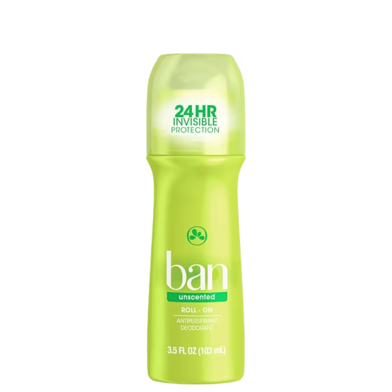 A imagem mostra um desodorante roll-on da marca Ban. O frasco é na cor verde clara e destaca na embalagem a promessa de "24HR Invisible Protection" (Proteção Invisível de 24 horas).