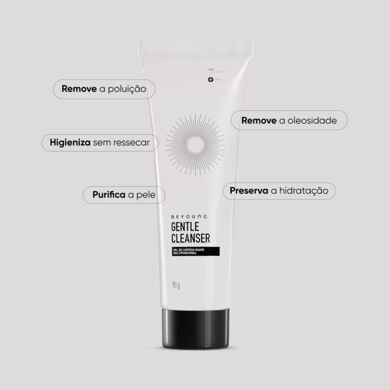 Remove a poluição. Higieniza sem ressecar. Purifica a pele. Remove a oleosidade. Preserva a hidratação. Gentle Cleanser, gel de limpeza suave multifuncional da Beyoung.