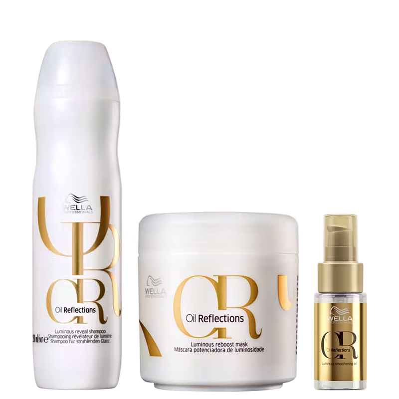 Shampoo, máscara e óleo capilar da linha Oil Reflections da marca Wella Professionals.