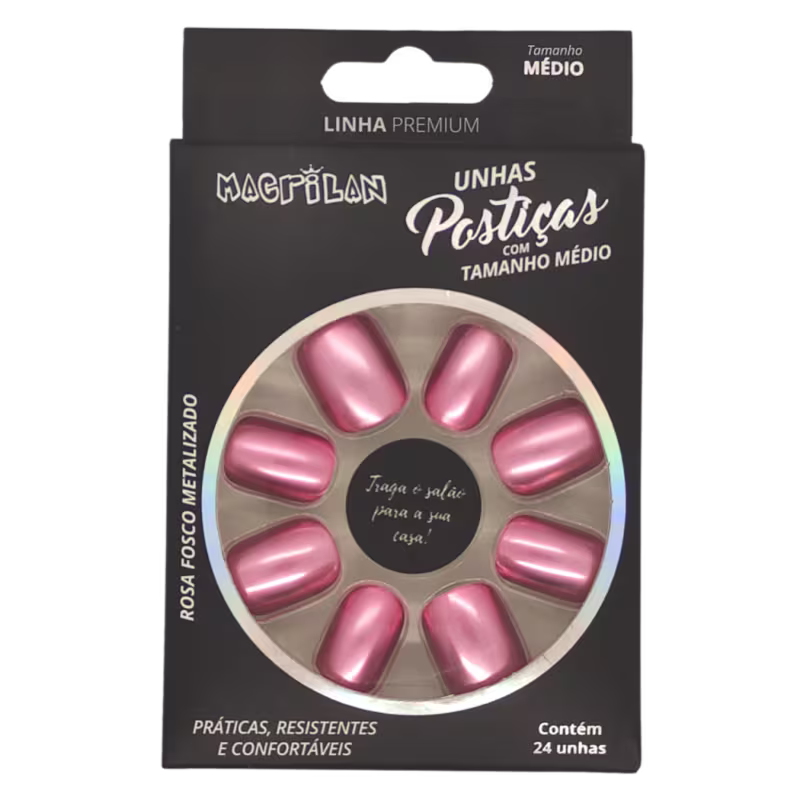 Unhas postiças tamanho médio cor Rosa Fosco Metalizado - Macrilan