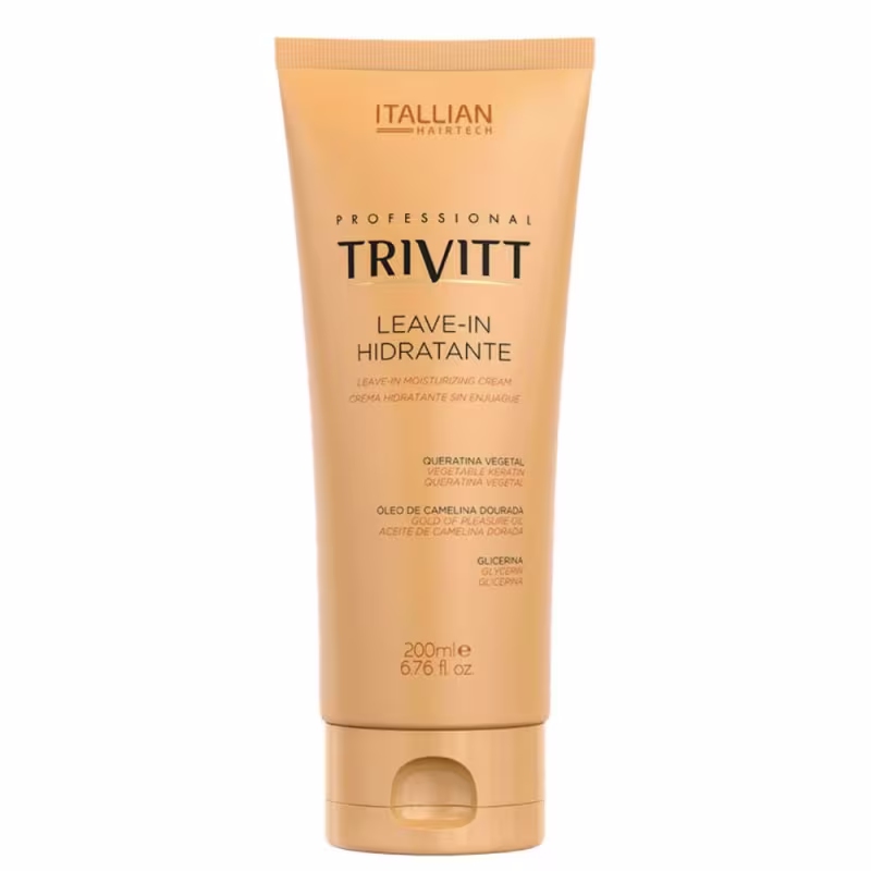 Produto de cuidado capilar da marca Trivitt da linha Italian Hairtech. Embalagem em tubo plástico de cor bege claro. Rótulo com o nome do produto "Leave-In Hidratante" (Creme Hidratante Sem Enxágue) em letras pretas. Volume de 200ml.