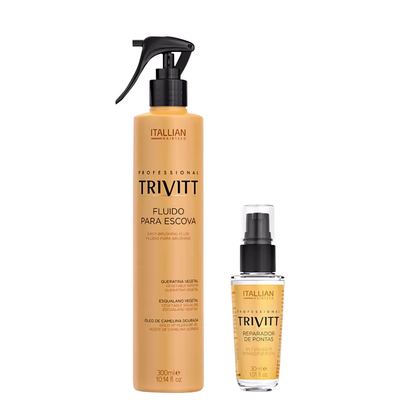 Um frasco spray de 300ml contendo um fluido para escova, e um frasco de 30ml contendo um reparador de pontas.