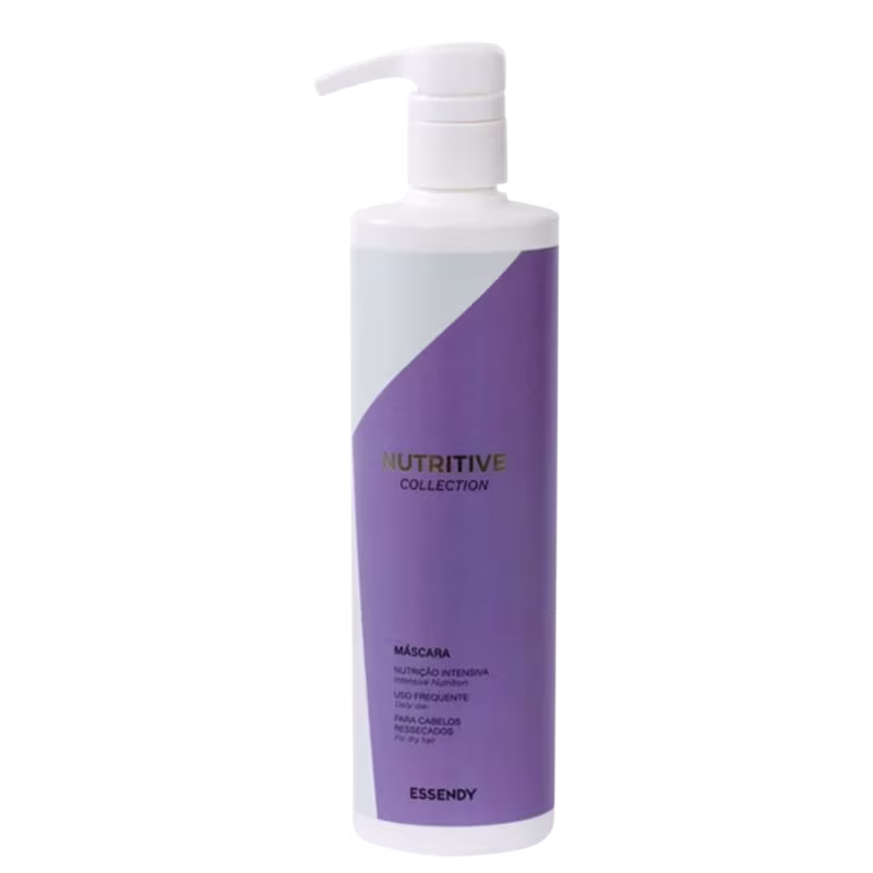 Máscara capilar da coleção Nutritive da marca Essendy. A embalagem é um frasco branco com uma bomba doseadora e uma etiqueta roxa com o nome do produto e informações sobre sua função de nutrição intensiva e uso frequente para cabelos ressecados.
