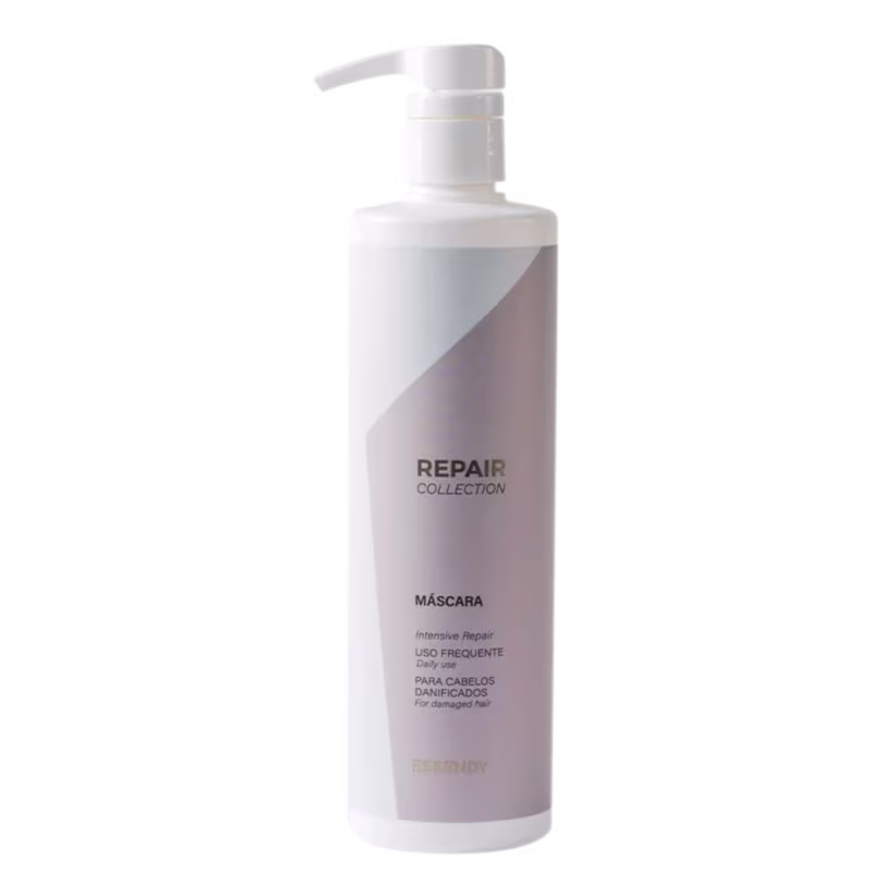 Máscara capilar da coleção Repair da marca Essendy. O frasco exibe informações sobre o uso frequente e o público-alvo, sendo indicado para cabelos danificados.