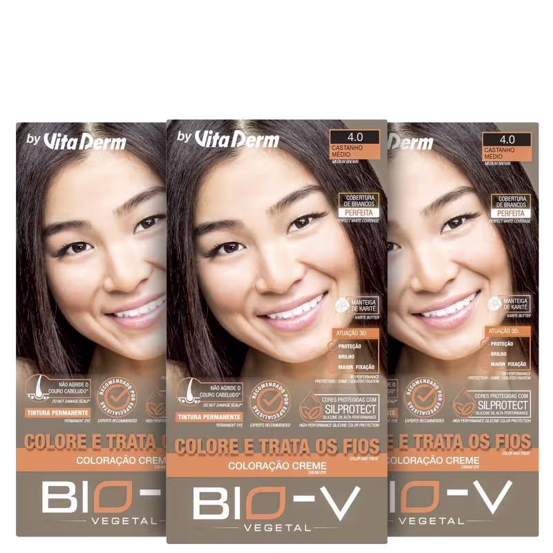 Kit Vita Derm Bio-V Vegetal Coloração 4.0 Castanho Médio (3 Unidades)