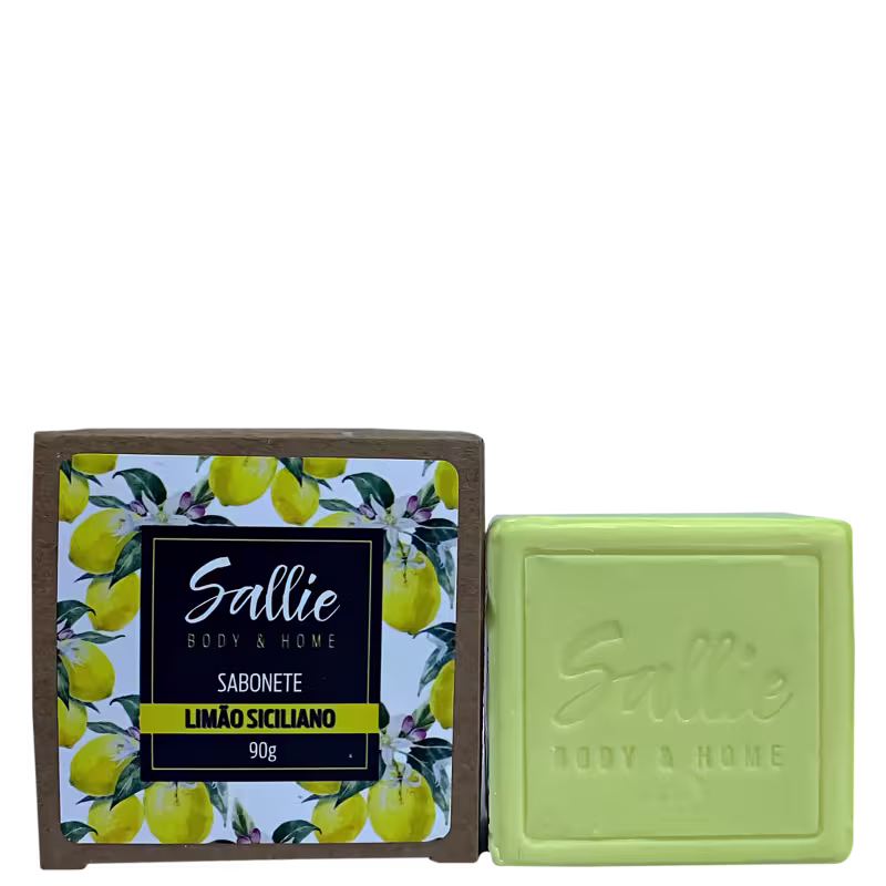 Sabonete em barra da marca Sallie Body & Home, com embalagem de caixa com estampa floral amarela e verde, e o sabonete em si na cor verde-limão, com a marca impressa na superfície.