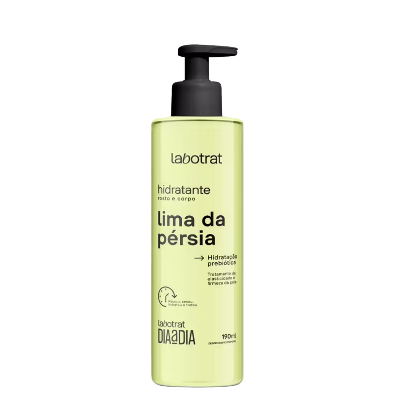 O produto apresentado é um hidratante corporal da marca Labotrat, com o nome "lima da pérsia" impresso no rótulo. A embalagem é um frasco plástico com um dispensador na parte superior, de cor predominantemente amarela.