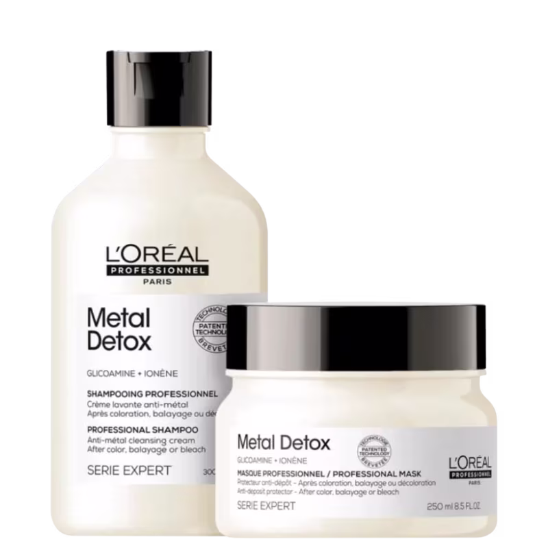 A imagem mostra um kit L'Oréal Professionnel com um frasco arredondado de shampoo e um pote redondo de máscara capilar, ambos de cor branca, com rótulo branco e tampa preta.