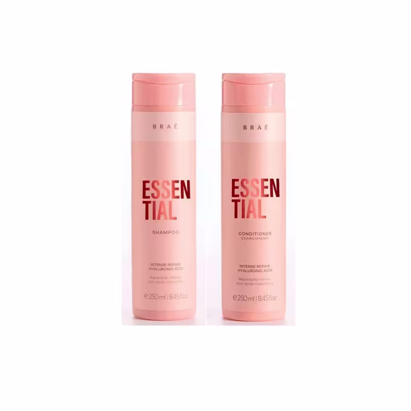 A imagem mostra o shampoo e o condicionador lado a lado.