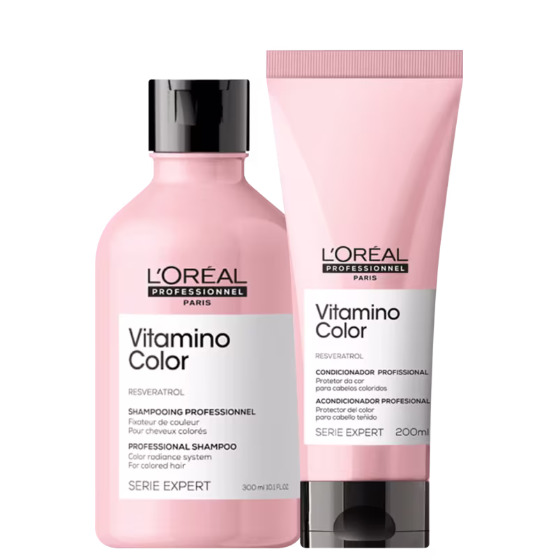 Shampoo (300ml) e condicionador (200ml) Vitamino Color Resveratrol da L’Oréal Professionnel, em embalagens rosa claro com tampa preta.