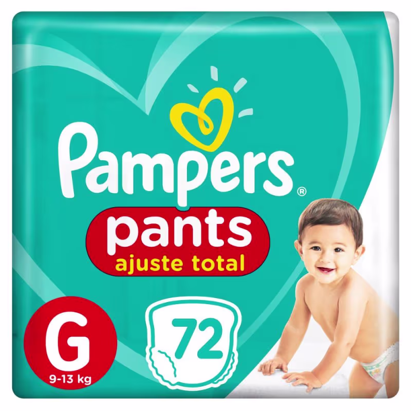 Pacote de fraldas Pampers Pants tamanho G, para crianças de 9 a 13 kg, com design ajustável e imagem de bebê sorridente na embalagem de cor verde e vermelha.