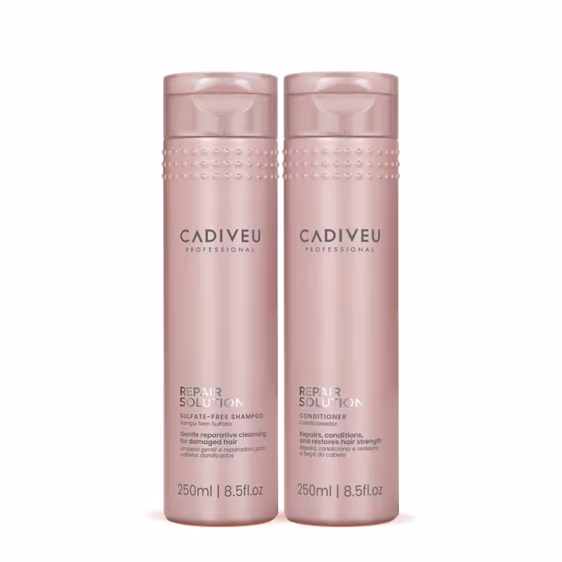 Shampoo e condicionador da linha Repair Solution da Cadiveu Professional, contendo 250ml cada.