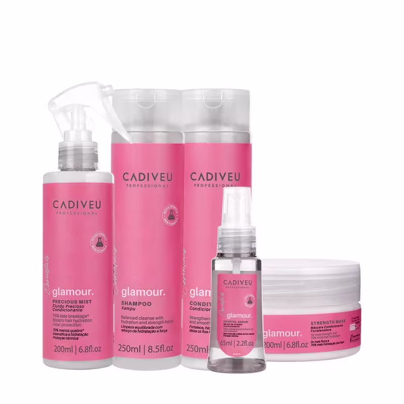 Produtos Cadiveu Professional Essentials Glamour em embalagens rosa e brancas, incluindo  Shampoo Condicionador Sérum Máscara  e Fluído