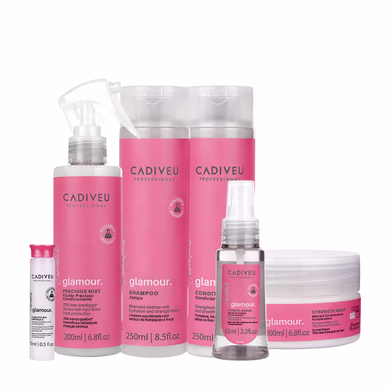 Kit Cadiveu Profissional Essentials Glamour Shampoo Condicionador Sérum Máscara Fluído e Ampola (6 produtos)