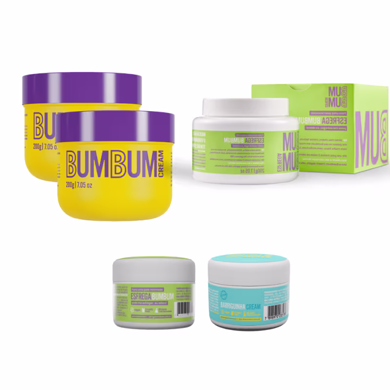 2x Bumbum + 1x Esfrega + 1x Travel Size(Mini Barriguinha + Mini Esfrega) + 1x Brinde Surpresa