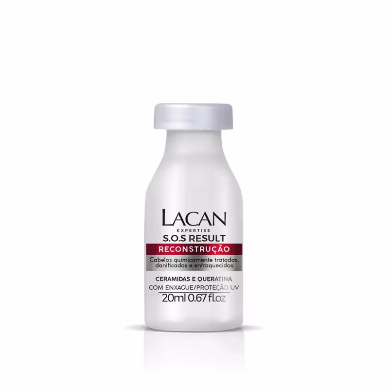 Frasco branco com tampa cinza da linha S.O.S Result Reconstrução da marca Lacan, contendo 20ml do produto. Rótulo com nome da linha, ingredientes e informações sobre o tratamento para cabelos quimicamente tratados.