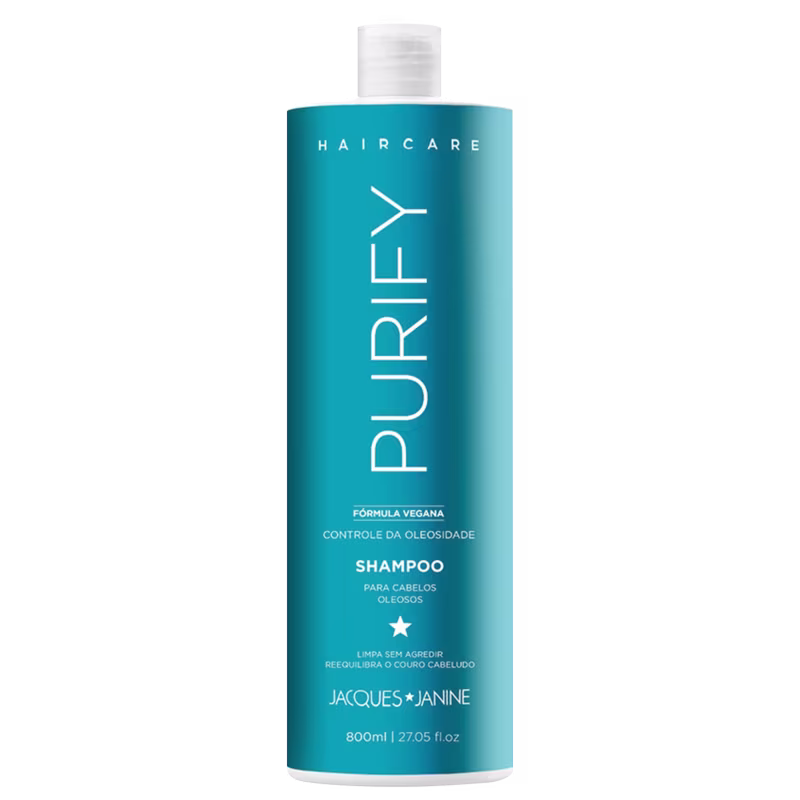 Frasco de shampoo da linha Purity da marca Jacques Janine Professionnel, com fórmula vegana para controle da oleosidade, em embalagem de 800ml na cor azul turquesa.