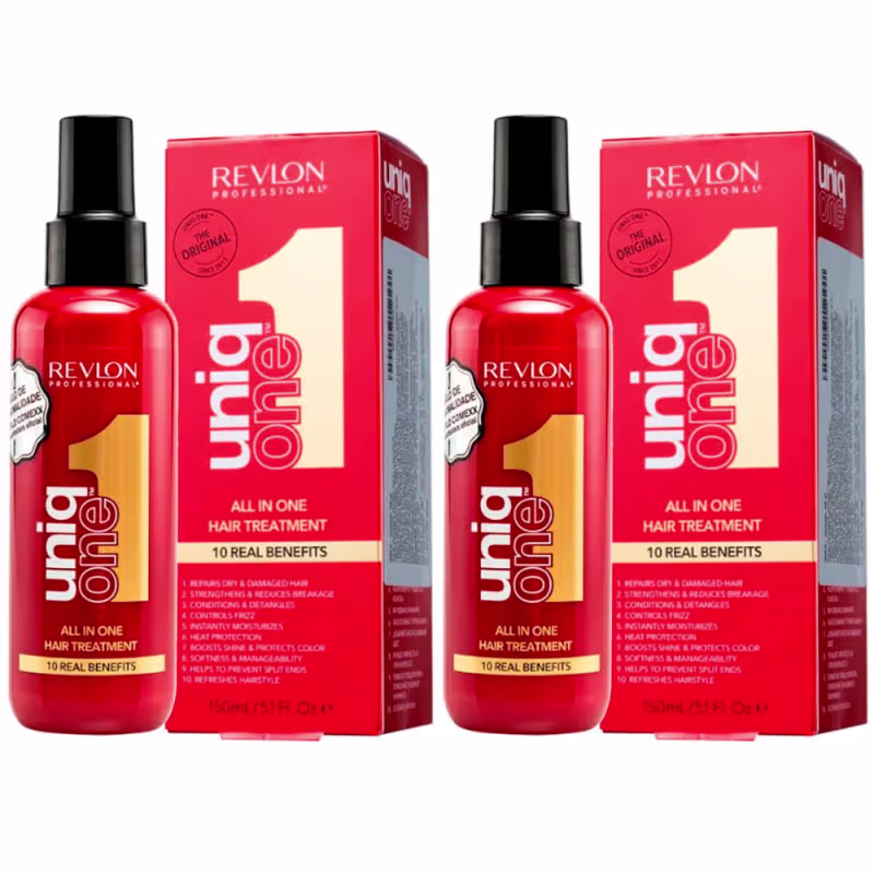 Dois frascos de leave-in All in One da linha Revlon Professional Uniq One. Contém 150ml do produto. As embalagens são caixas retangulares vermelhas com detalhes em branco e amarelo.