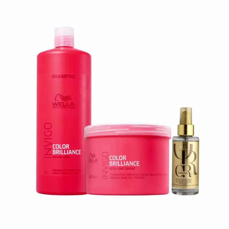 A imagem mostra um frasco de 1L de shampoo, um pote redondo de máscara capilar de 500g e um frasco pequeno de óleo capilar com rótulo dourado.