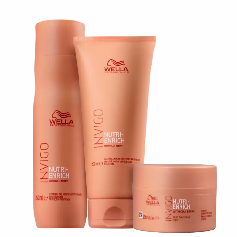 Produtos da linha Nutri-Enrich da Wella Professionals, incluindo shampoo, condicionador e máscara capilar, em embalagens de plástico com cores predominantes de laranja