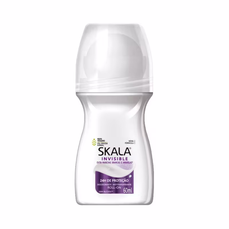 Desodorante antitranspirante roll-on Skala Invisible em embalagem branca com detalhes em roxo, contendo 60ml do produto e informações sobre sua fórmula vegana e sem álcool.