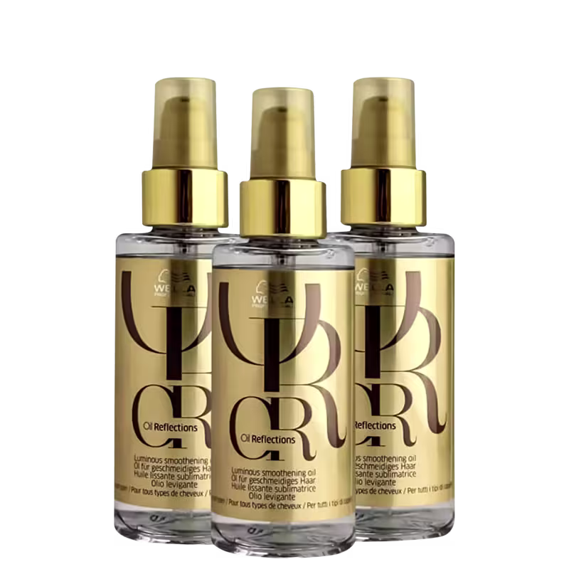 A imagem mostra três frascos transparentes com rótulo e tampa dourada. Rótulo com o logotipo Wella e o nome do produto "Oil Reflections Luminous Smoothening Oil" em letras marrons.