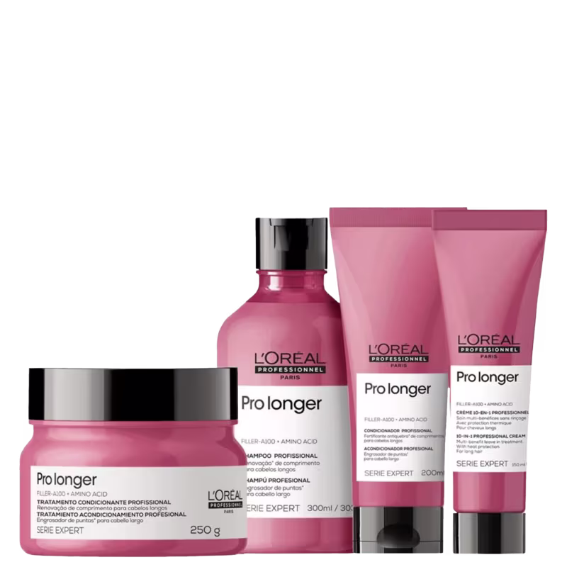 A imagem mostra um kit da L'Oréal Professionnel Pro Longer com um pote arredondado de máscara, um frasco arredondado de shampoo e duas bisnagas com leave-in e condicionador. Todos de cor rosa escuro, rótulo branco e tampa preta.