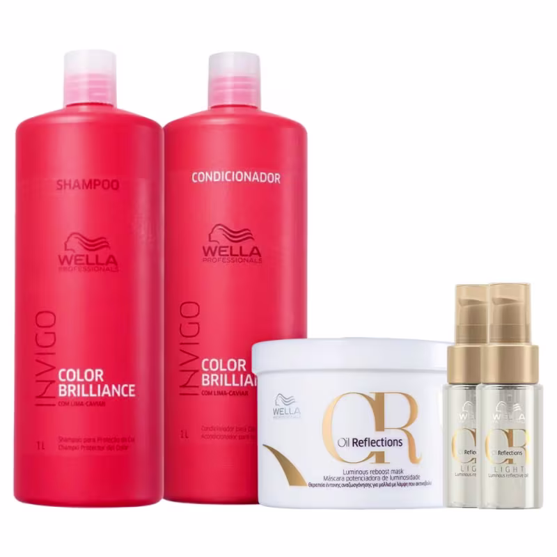 A imagem mostra dois frascos grandes de 1L, embalagem vermelha, de shampoo e condicionador, um pote redondo de máscara capilar, branco, e dois frascos de óleo capilar transparentes com tampa dourada.