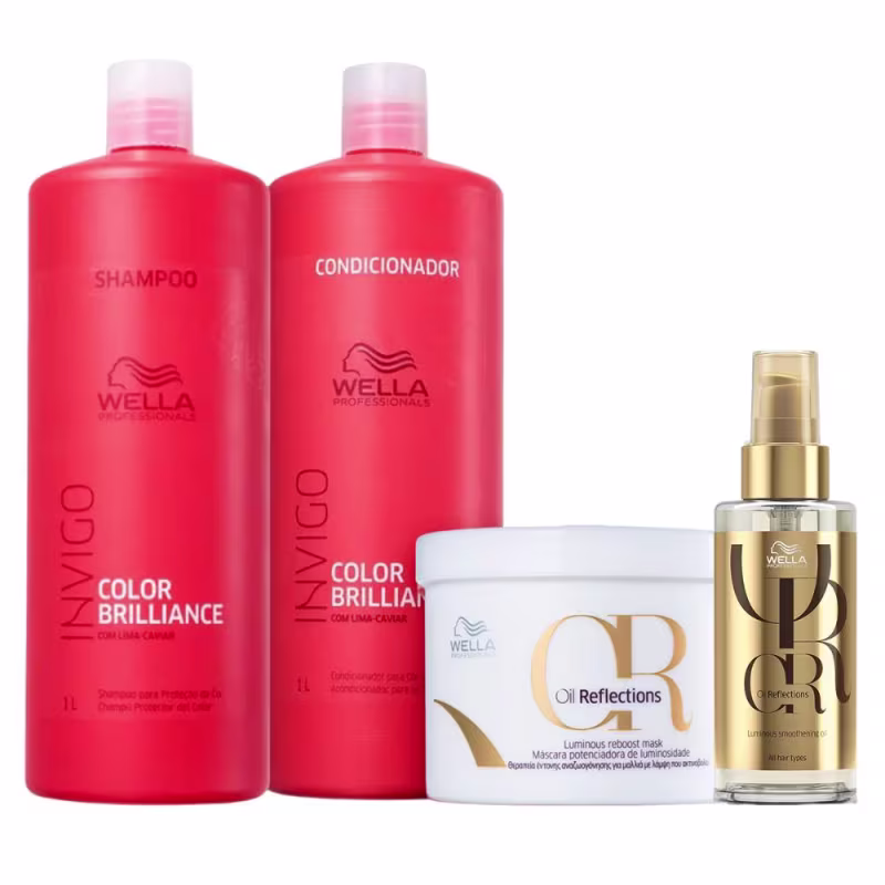 A imagem mostra dois frascos grandes de 1L, embalagem vermelha, de shampoo e condicionador, um pote redondo de máscara capilar, branco, e um frasco de óleo capilar transparente com rótulo dourado.