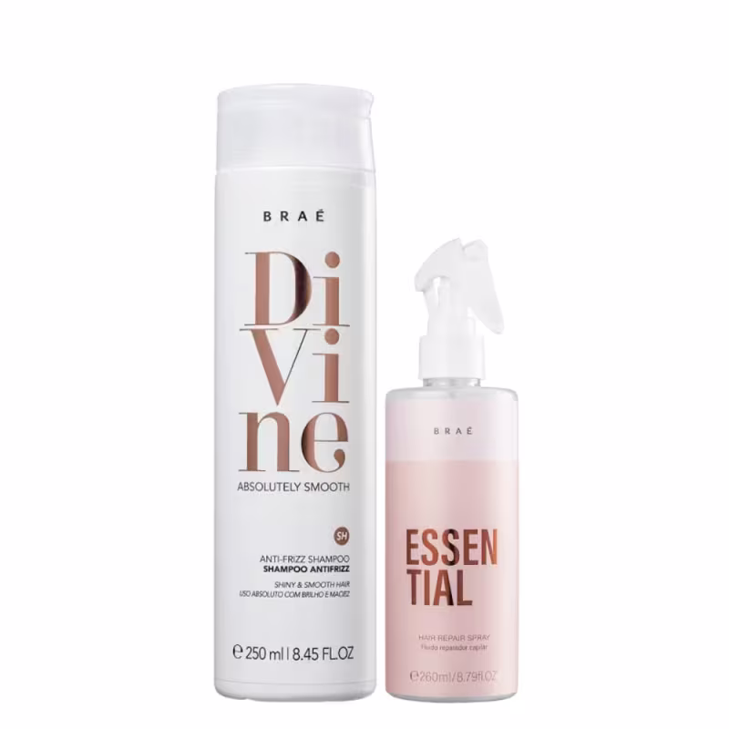 Dois produtos de cabelo da marca Braé. Um é um shampoo antifrizz chamado "Divine Absolutely Smooth" em uma embalagem cilíndrica branca de 250ml. O outro é um spray reparador de cabelos chamado "Essential" em uma embalagem spray rosa de 260ml.