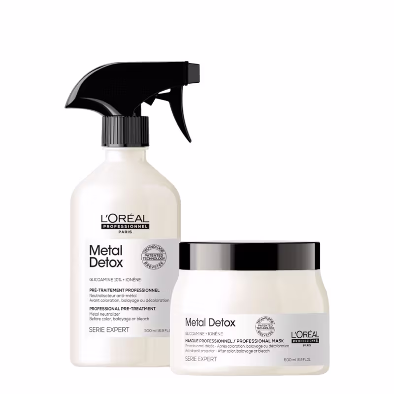 A imagem mostra um kit com dois produtos da marca L'Oréal Professionnel. Um frasco branco com borrifador preto e um pote redondo de máscara branco com tampa preta.