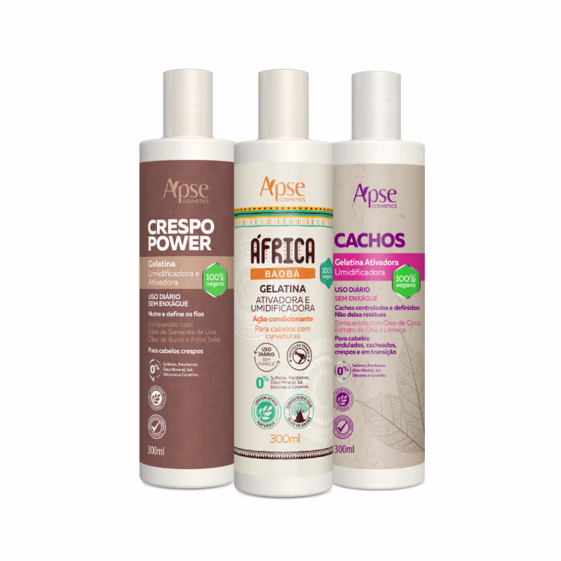 Kit Gelatina Apse para Cabelos Cacheados, Ondulados e Crespos 3x300ml