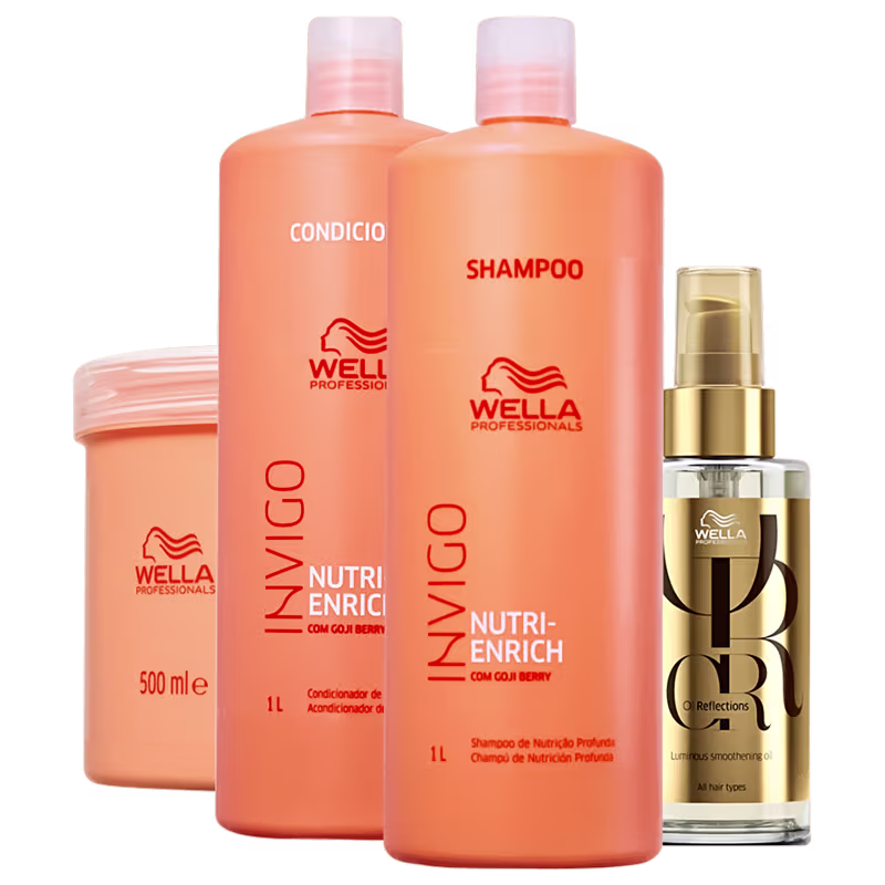 Produtos de cuidado capilar Wella Professionals. Dois frascos grandes de 1 litro cada, contendo shampoo e um condicionador. Um frasco menor de 500ml de máscara capilar da mesma linha. Um pequeno frasco dourado de óleo capilar.