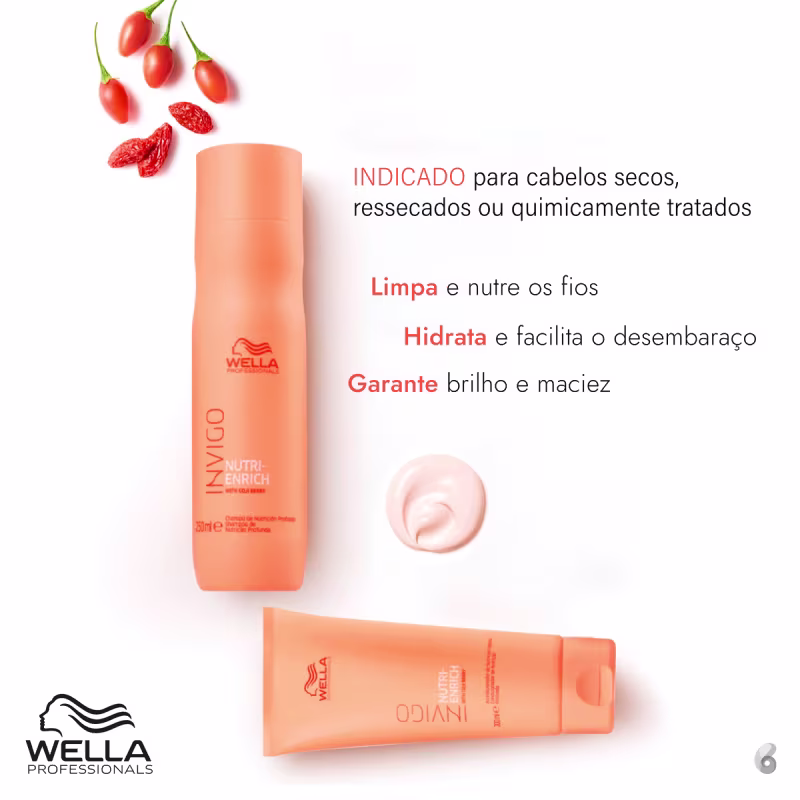 Kit com shampoo e condicionador Invigo Nutri-Enrich indicado para cabelos secos, ressecados ou quimicamente tratados.