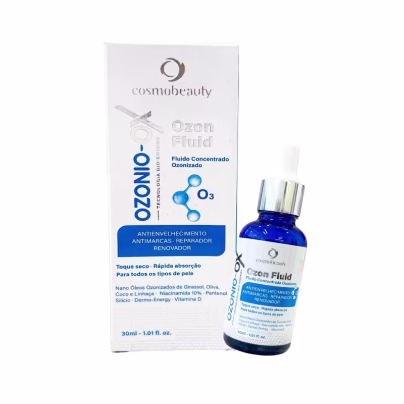 Fluido concentrado ozonizado da marca Cosmobeauty, chamado Ozon Fluid. A embalagem consiste em um contendo 30ml. O rótulo destaca as propriedades do fluido, como antienvelhecimento, antimanchas, reparador e renovador.