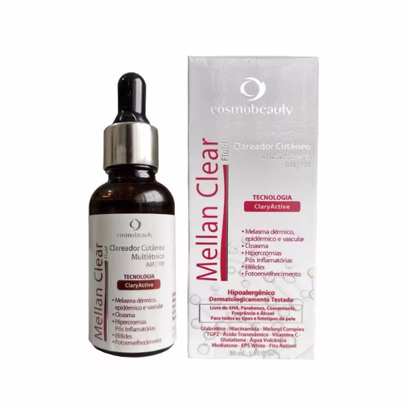 O produto é um Clareador Cutâneo Multifuncional da marca Cosmobeauty, em um frasco conta-gotas com rótulo branco e vermelho. O rótulo destaca a tecnologia "ClaraActive" e menciona propriedades como melasma, hipercromias e fotoenvelhecimento.