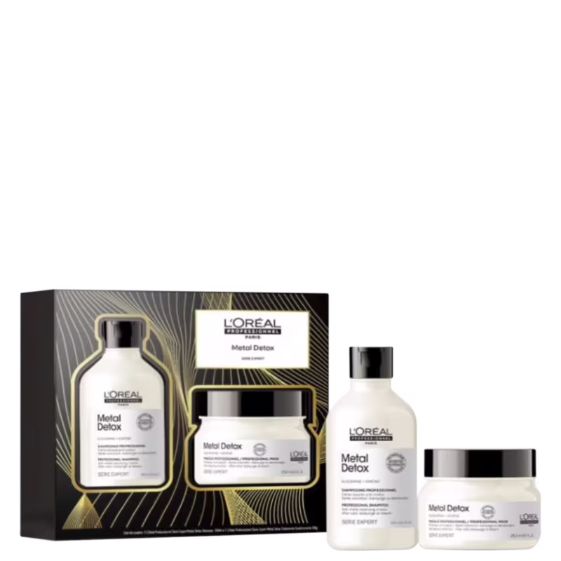 A imagem mostra um kit L'Oréal Professionnel, dentro de uma caixa personalizada e, do lado direito, um frasco arredondado de shampoo e um pote redondo de máscara capilar, ambos de cor branca, com rótulo branco e tampa preta.