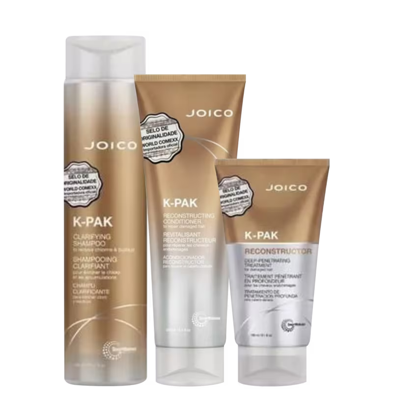 A imagem mostra três produtos de tratamento capilar da marca Joico. Todas as embalagens exibem o logotipo Joico e informações sobre o produto em inglês e francês. As cores predominantes são branco, dourado e prateado.