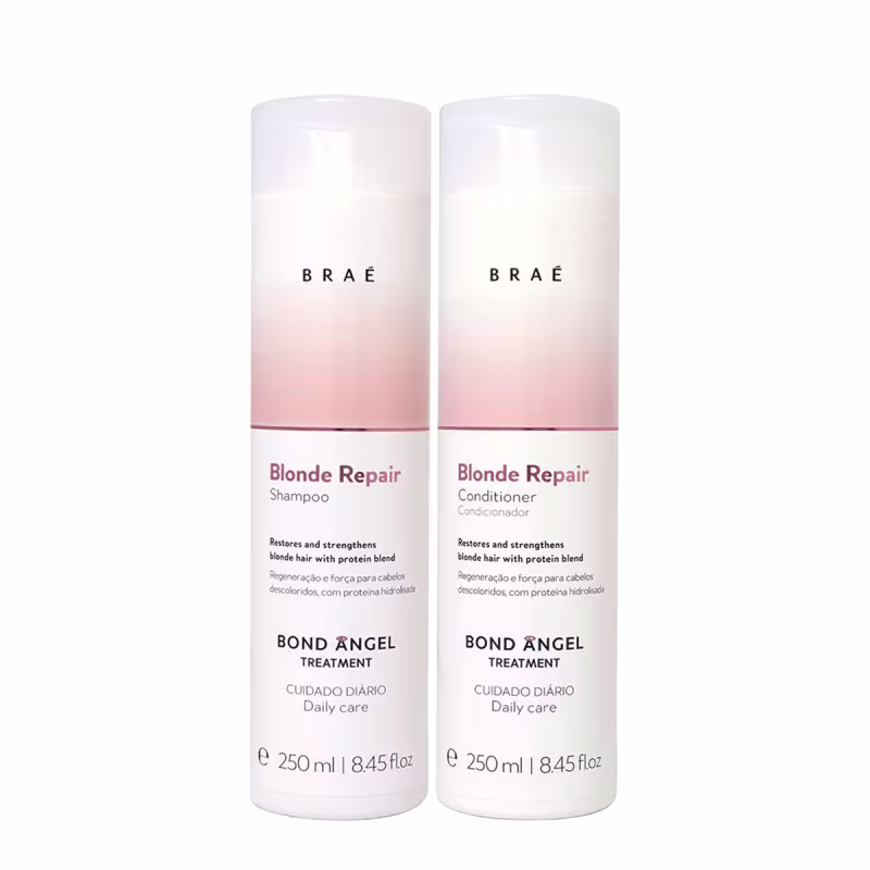 São dois frascos de plástico brancos com detalhes em rosa claro. Um é rotulado como "Blonde Repair Shampoo" e o outro como "Blonde Repair Conditioner", ambos da marca Braé.