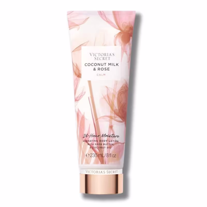 Frasco de loção corporal Victoria's Secret Coconut Milk & Rose, com rótulo branco e detalhes em rosa, contendo 236 ml do produto.