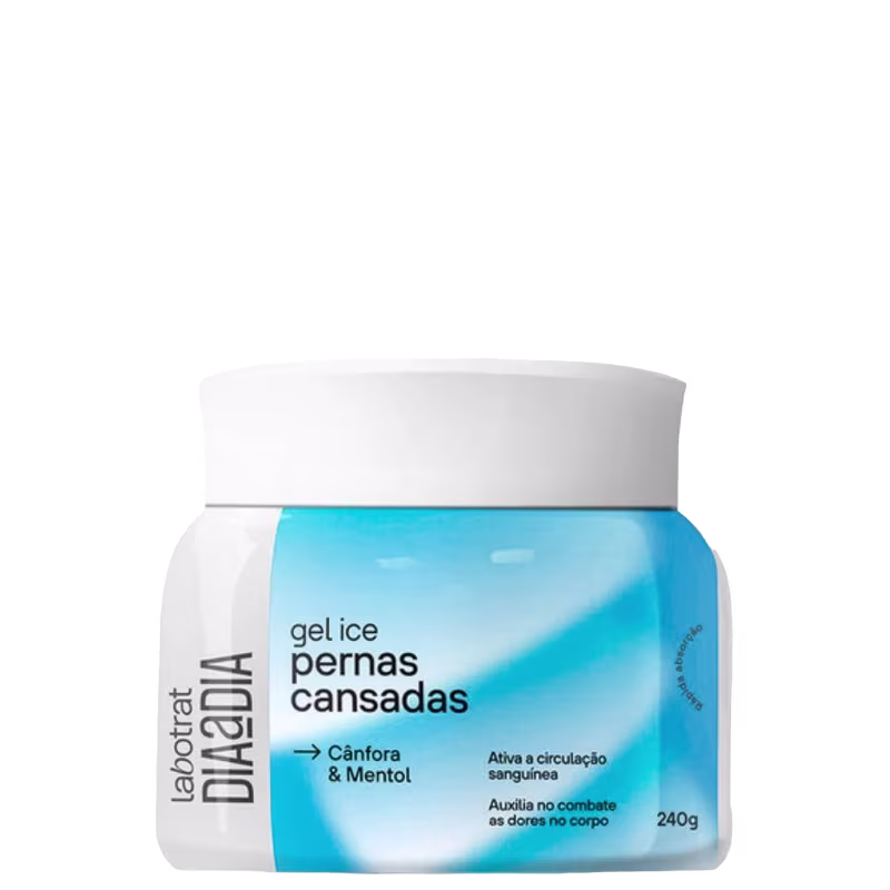 O produto apresentado é um gel para pernas cansadas da marca Labotrat. A embalagem é um pote branco com um rótulo azul e branco destacando o nome "gel ice pernas cansadas", com um peso líquido de 240g.
