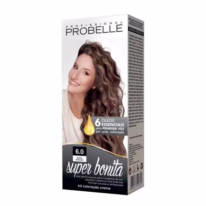 Coloração de cabelo creme da marca Probelle. Embalagem retangular com imagem de uma mulher sorridente com cabelos longos e ondulados em tons castanhos. Texto "Super Bonita" e "6.0 louro escuro" indicando a tonalidade.
