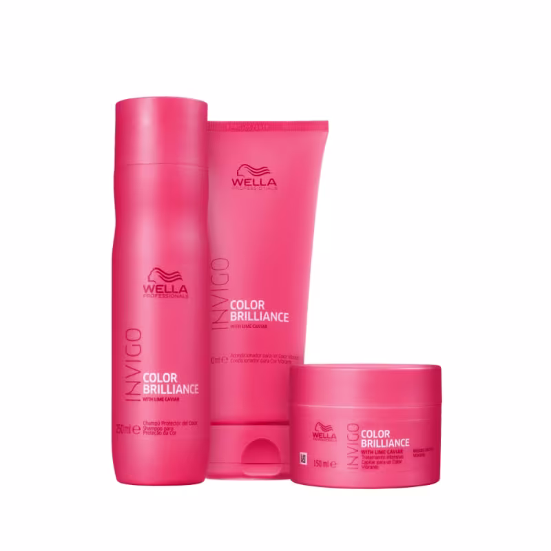 Produtos da linha Color Brilliance da Wella Professionals, incluindo shampoo, condicionador e máscara, em embalagens vermelhas