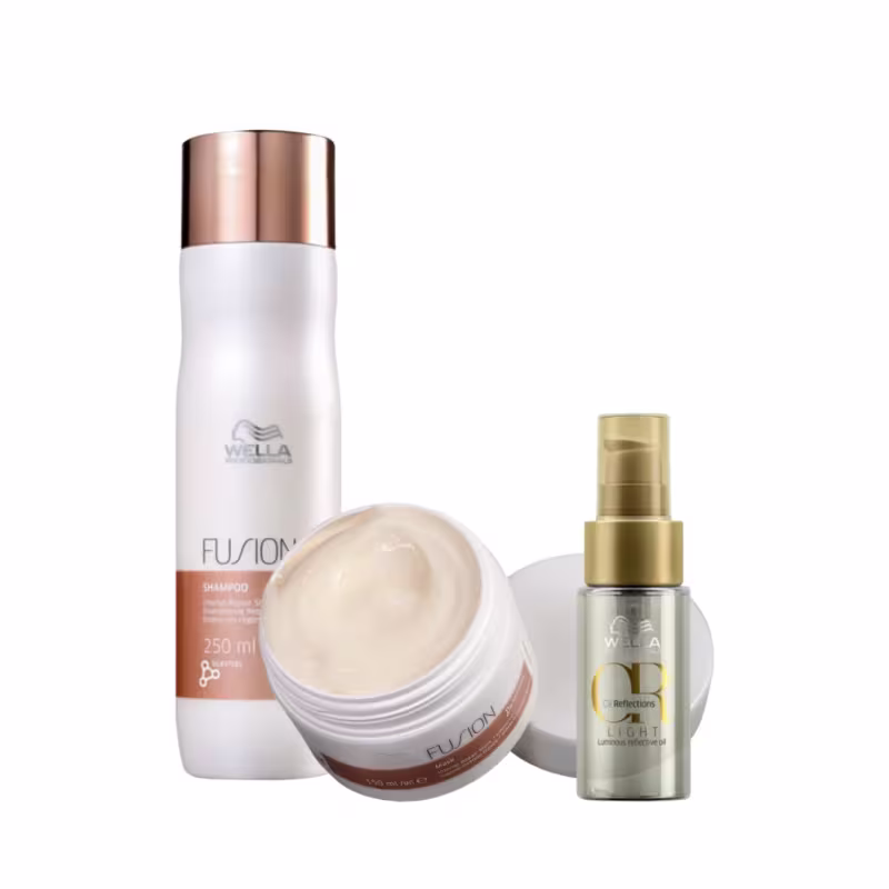 A imagem mostra três produtos de cuidados capilares da marca Wella Professionals. O primeiro é um shampoo Fusion de 250ml. O segundo é uma máscara de tratamento capilar . O terceiro é um óleo de brilho leve Perfection Light.
