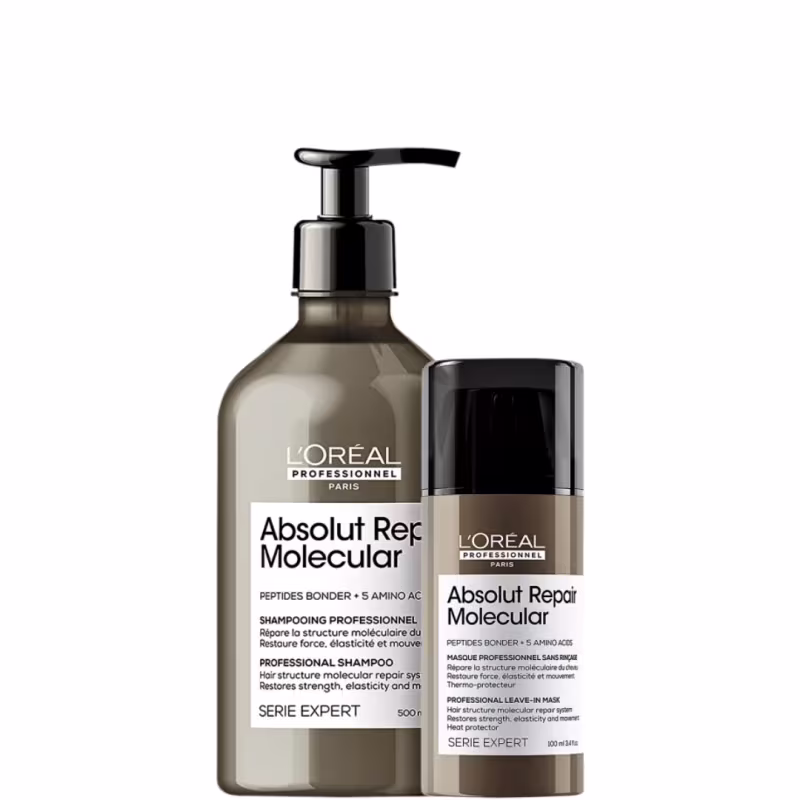 A imagem mostra dois produtos da L’Oréal Professionnel. Um frasco de shampoo arredondado e pump preto e um frasco de máscara leave-in mais comprido e arredondado, com tampa preta. Ambos em embalagem marrom e rótulos brancos.