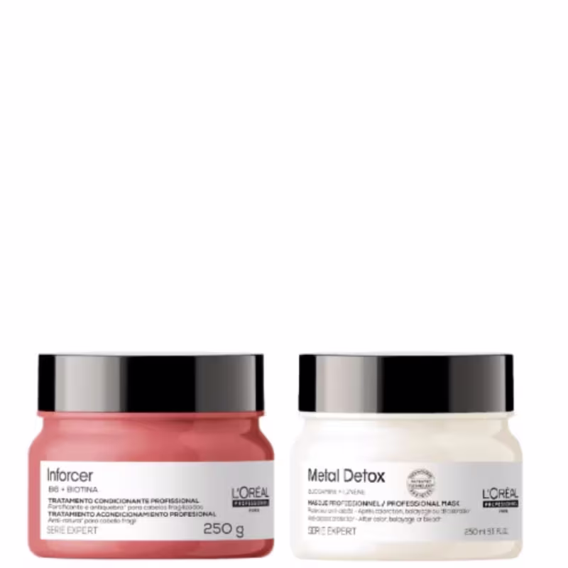 A imagem mostra um kit L'Oréal Professionnel com dois potes redondos com máscara capilar, um coral e outros branco, com rótulos brancos e tampas pretas.