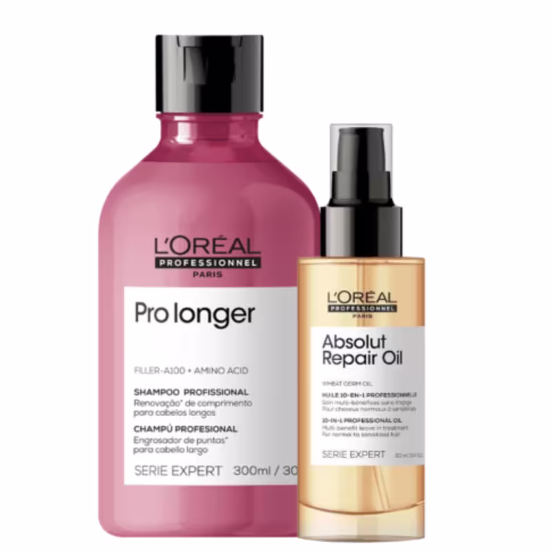 A imagem mostra um kit com dois produtos para cabelo da L'Oréal Professionnel. O da esquerda é um pote plástico rosa escuro com tampa preta e o da direita é um frasco plástico dourado com aplicador spray preto.