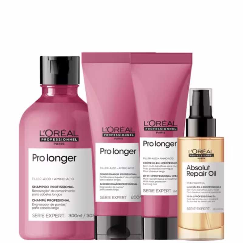 A imagem mostra um kit da L'Oréal Professionnel com um frasco arredondado de shampoo, duas bisnagas, uma de condicionador e uma de leave-in e um frasco plástico dourado com aplicador spray preto. Todos com rótulo branco e tampa preta.