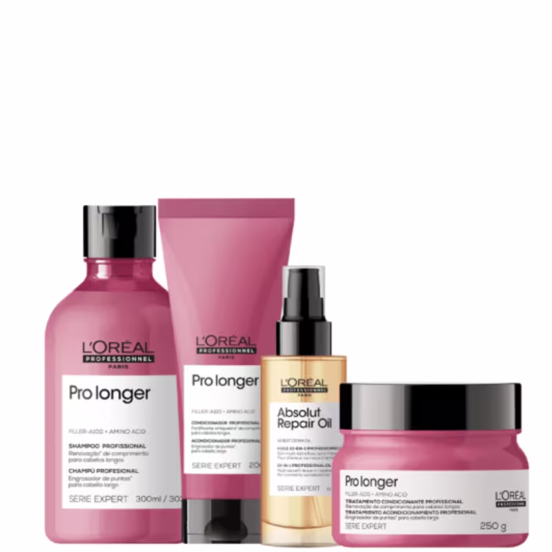 A imagem mostra um kit da L'Oréal Professionnel Pro Longer com um frasco arredondado de shampoo, uma bisnaga com condicionador, um frasco plástico dourado com aplicador preto e pote arredondado de máscara.
